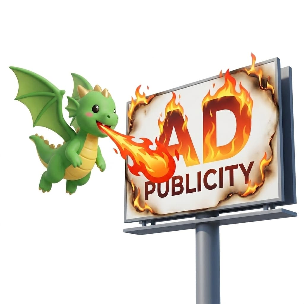 Illustrated dragon breathing fire on an ad banner, symbolizing an ad-free reading experience