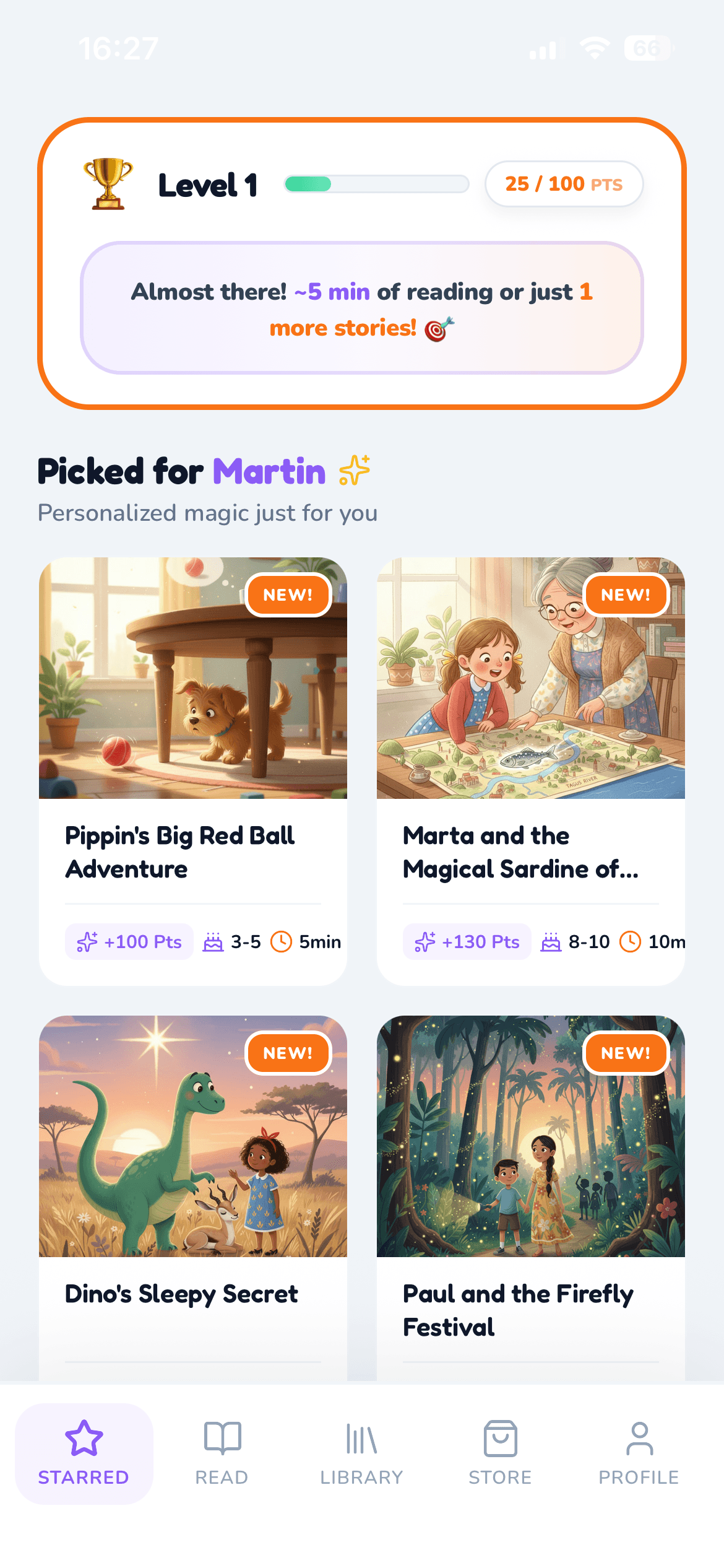 Kids Stories app screen showing a child picking a story from personalized recommendations
